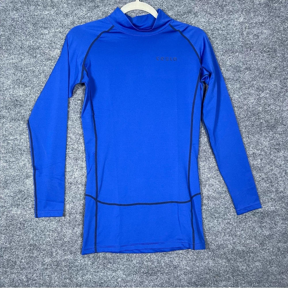 Tesla NWT Women’s Large Blue Stretch Mesh Mock Neck Athletic Long Sleeve Shirt‎